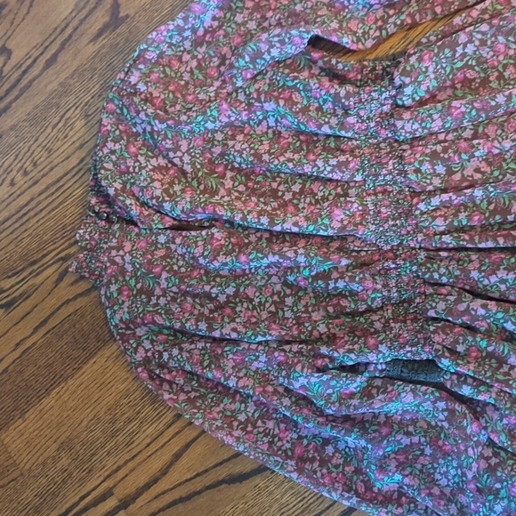 In Bloom Pink floral sheer  Bishop Sleeve Ruffled Tiered Prairie Midi Dress Sz M - Picture 7 of 11